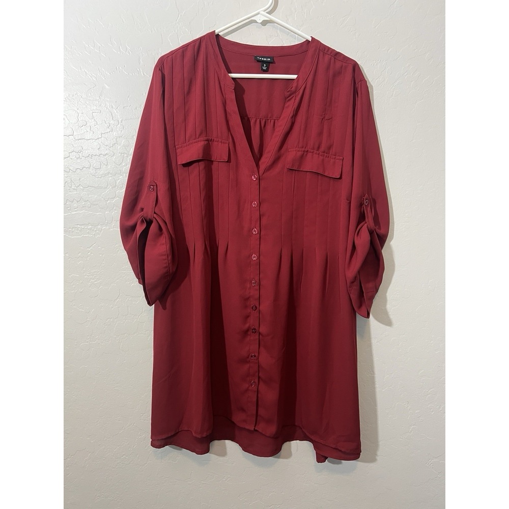 Torrid 3X Top Dark Red Sheer Georgette Pintuck Tie Back Button Up Valentines